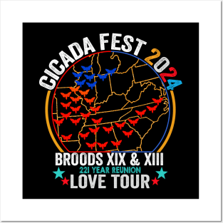 Vintage Cicada Fest Brood 2024 Tsunami Phenomenon Brood XIX Brood XIII Year Of The Cicada 2024 ussa flag Posters and Art